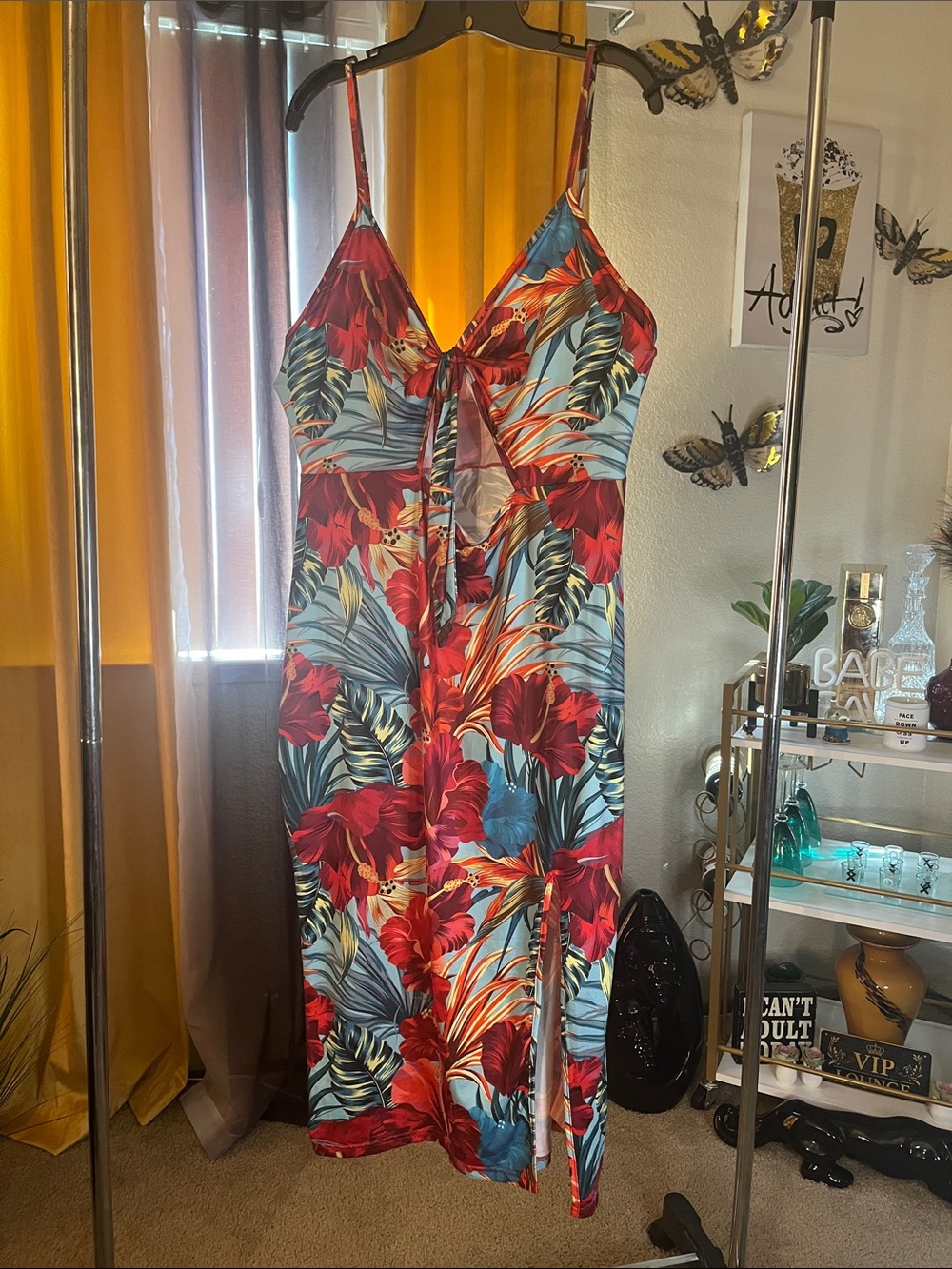 Red & Blue Tropical Midi Slip Dress with V-Neck